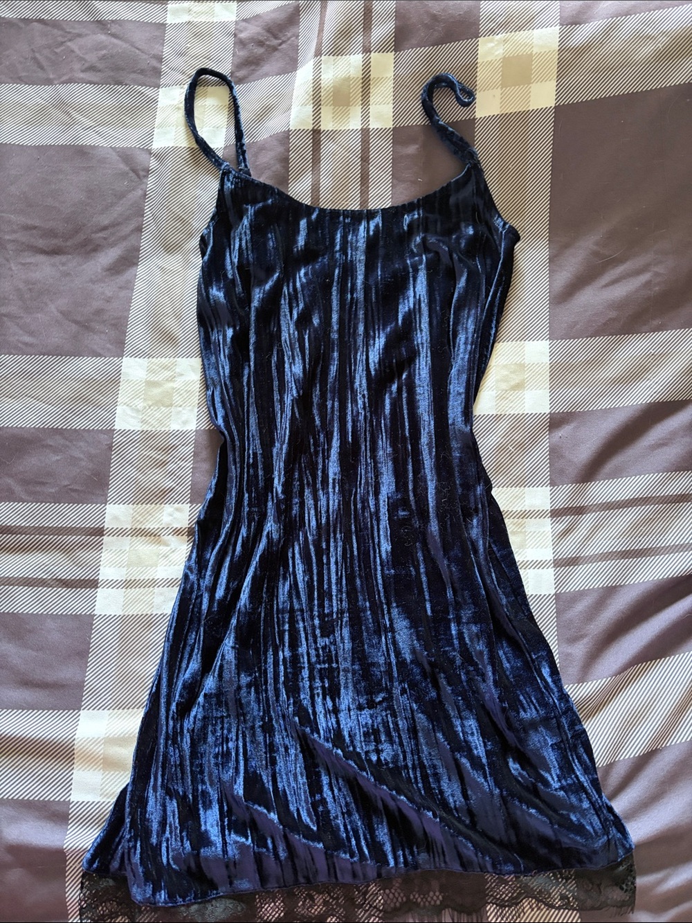 Blue Velvet Slip Dress with Lace Trim
